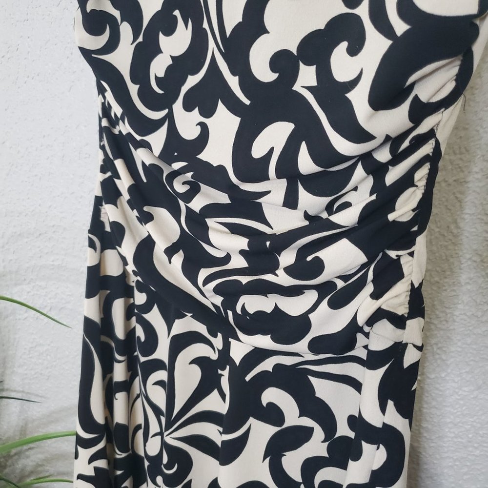 Enfocus Studio I Cream/Black Vine Patterned A-Line Scoop Neck Ruched Dre… - Picture 9 of 14